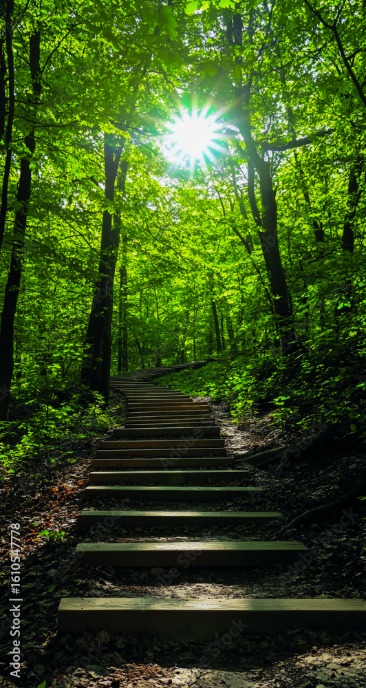 Fototapeta premium A serene forest path bathed in soft light, symbolizing spiritual journeys, divine guidance, and an enlightened lifestyle.