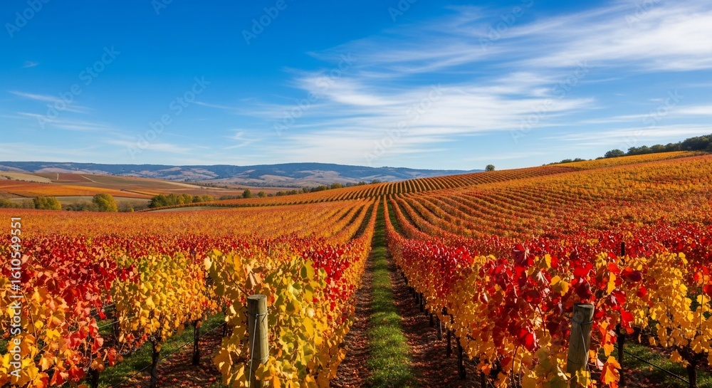 Fototapeta premium Vibrant Autumn Vineyard Landscape with Rolling Hills and Blue Sky