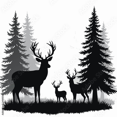 Majestic deer family in a dark forest landscape stag fawn