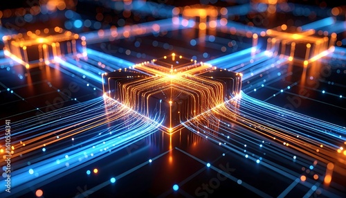 Abstract Circuit Board with Glowing Data Streams