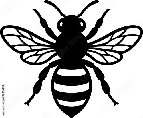 Detailed black silhouette of a honey bee with wings spread wide and striped abdomen