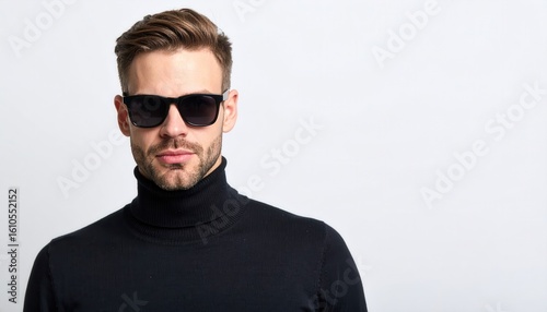 Confident man in black turtleneck and sunglasses against a stark white background