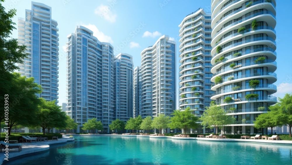 Naklejka premium Modern residential buildings with a serene lagoon.