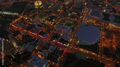 Aerial view shows the vibrant city of nashville illuminated at night