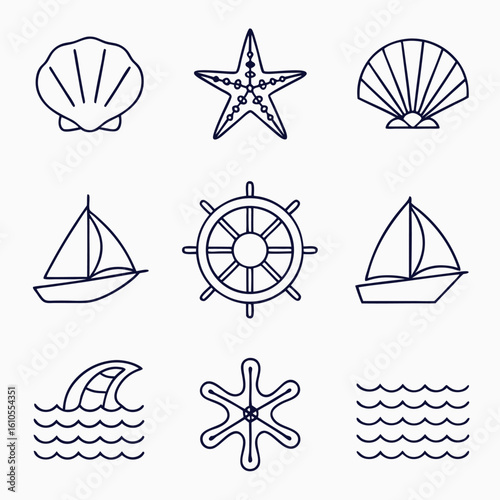 Nautical and Seashell Line Art Icons Set for Summer Vacation Designs