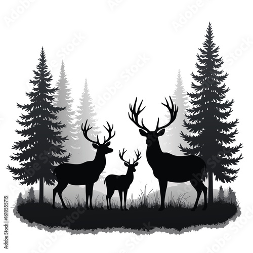 Majestic deer family silhouette in a pine forest landscape stag fawn