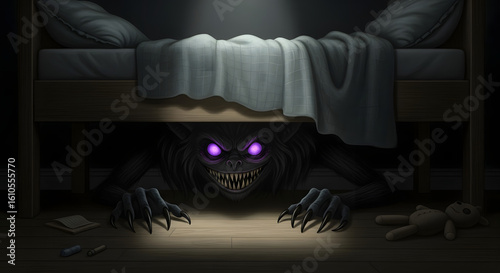 Dark illustration of a sinister monster with glowing eyes, embodying the primal fear of what lurks under the bed.