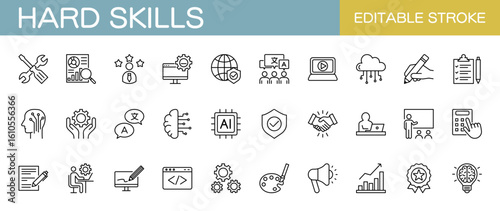 Hard skills line icon set – Includes business, technology, computing, programming and career. Editable stroke. 
Vector illustration.