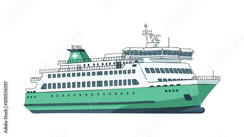 Green Ferry Boat Illustration. featuring ferry, boat, ship and more, creating a perfect scene. This scene includes elements like water, transport, travel.