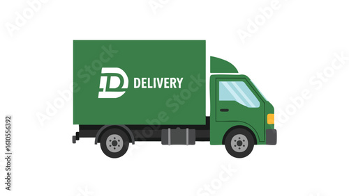 Green Delivery Truck with Logo and Text. featuring truck, delivery, van and more, creating a perfect scene. This scene includes elements like logistics, transport, shipping.