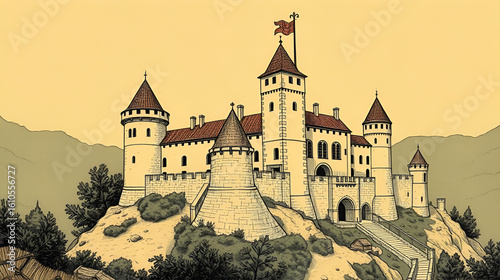 A vintage style illustration showing feudal castle