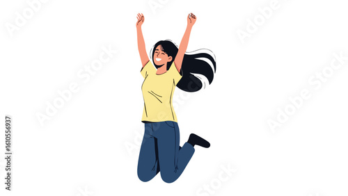 Joyful Woman Jumping with Arms Raised High. featuring happy, woman, jumping and more, creating a perfect scene. This scene includes elements like celebration, joy, excitement.
