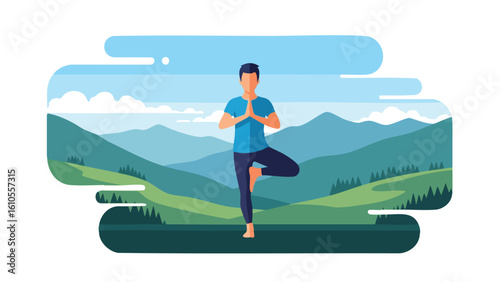 Man practicing yoga tree pose in serene mountain landscape. featuring yoga, man, tree pose and more, creating a perfect scene.