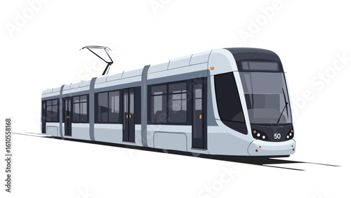Modern White Tram on Tracks. featuring tram, train, public transport and more, creating a perfect scene. This scene includes elements like transportation, urban, city.