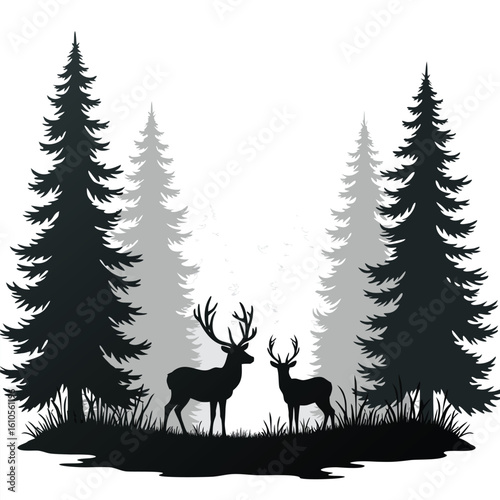 Majestic deer in pine forest silhouette stag fawn
