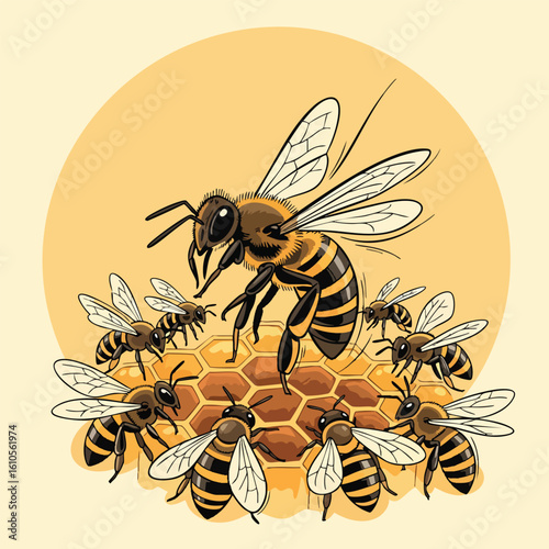 A queen bee stands atop a honeycomb, surrounded by worker bees in a circular formation.