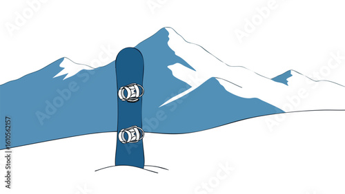 Snowboard Standing in Snowy Mountain Landscape. featuring snowboard, snow, mountain and more, creating a perfect scene. This scene includes elements like winter, sport, extreme.