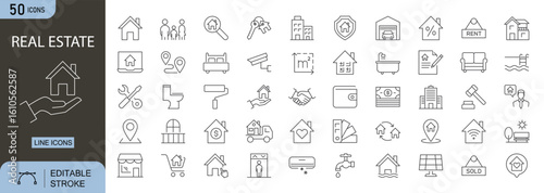 Real Estate icons set. Includes icons for house, apartment, building, for sale sign, rent, key, mortgage, location pin, blueprint, and property. Perfect for infographics, mobile apps, and web design.