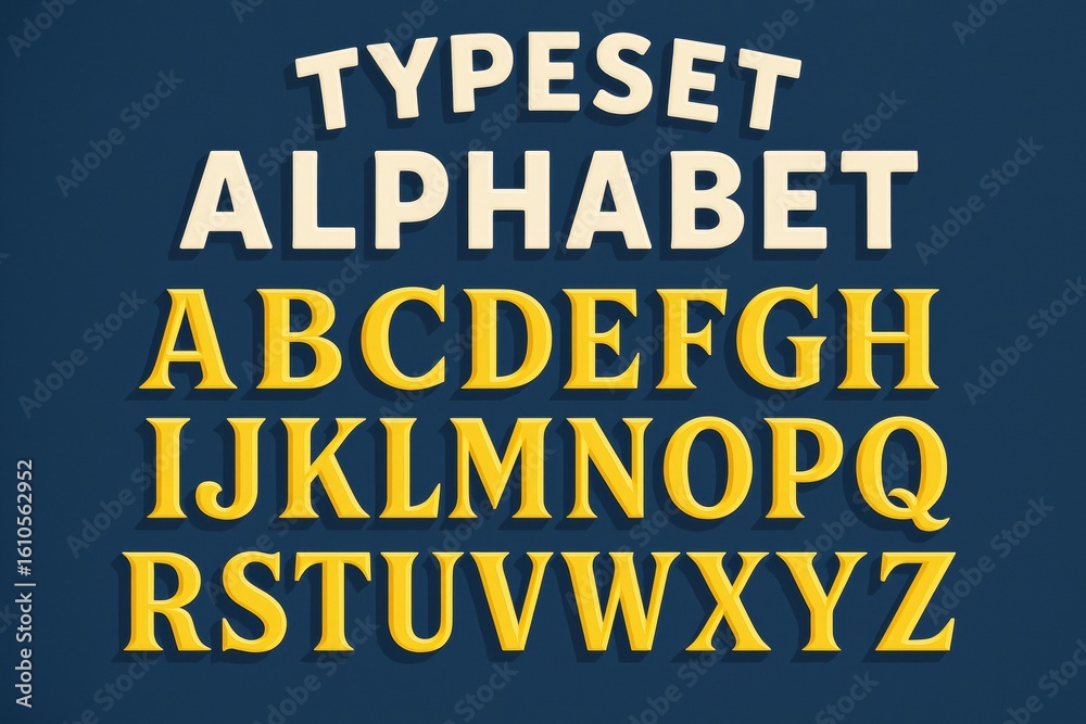 Bold 3D uppercase alphabet set with yellow and white letters on dark blue background for creative graphic resources and design use. Ai generative Bold 3D uppercase alphabet set with yellow and white letters on dark blue background for creative graphic resources and design use. Ai generative