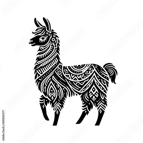 A stylized llama with intricate tribal patterns