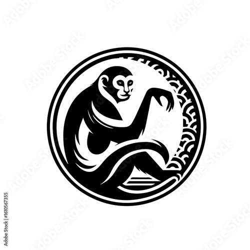 A stylized black and white illustration of a monkey in a circle