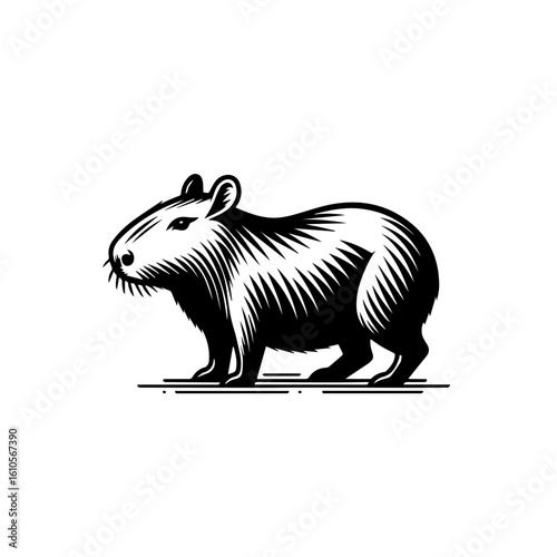 A stylized black and white illustration of a capybara