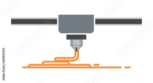 3D printer head extruding orange filament in a layered pattern, minimalist vector style.