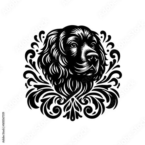 A black and white engraving of a dogs head surrounded by ornate swirls