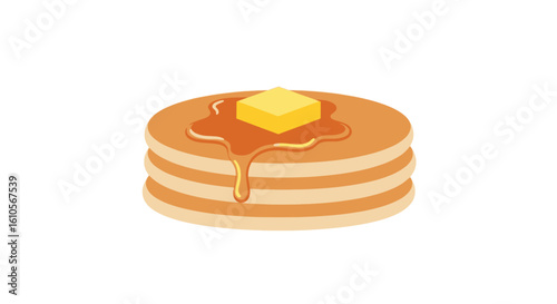 A delicious stack of three pancakes topped with a pat of butter and drizzling maple syrup.