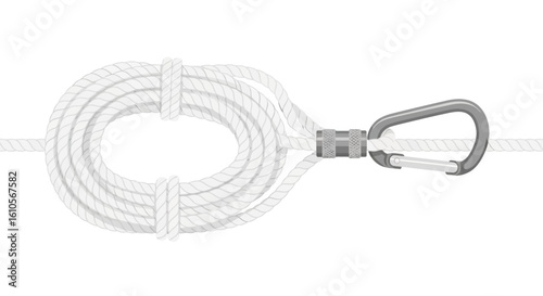 A neatly coiled white braided rope attached to a grey metal locking carabiner.