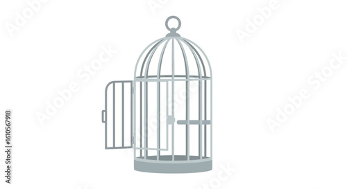 Classic grey birdcage with a domed top and an open door, featuring a small perch inside.