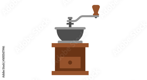 Classic manual coffee grinder with a wooden base and metal crank handle.