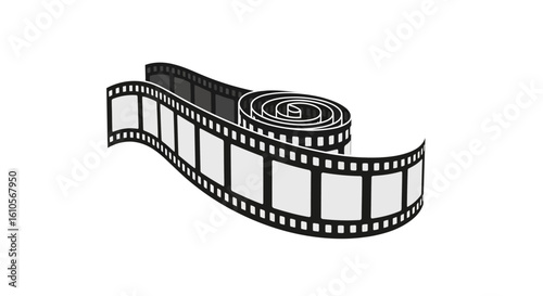 Classic black and white 35mm film strip unrolling from a coiled reel with blank frames.