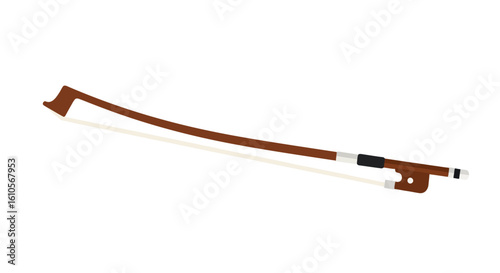 Classic brown wooden violin bow illustration with white horsehair and detailed frog.