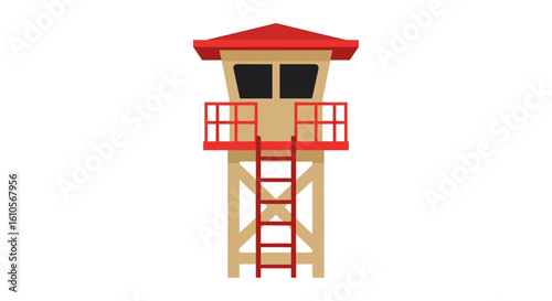 Classic beige and red lifeguard tower with a front ladder and observation cabin. Vector illustration.