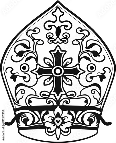 Intricate Black and White Line Art of Bishop Mitre with Central Cross and Ornamental Floral Design – Religious Vector Illustration