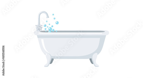 Classic white clawfoot bathtub with a silver faucet filling with blue soap bubbles.