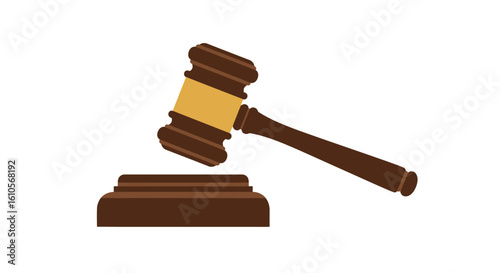 Classic wooden judge's gavel with a gold band, resting on a sounding block. Flat vector icon.