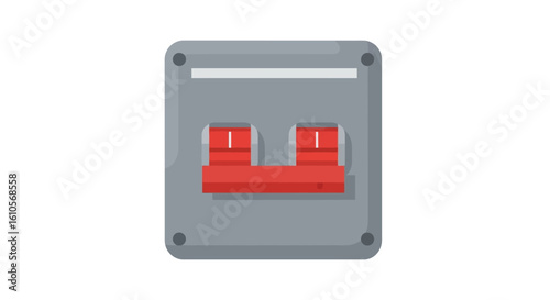 Flat vector illustration of a grey double-pole circuit breaker with two red toggle switches.