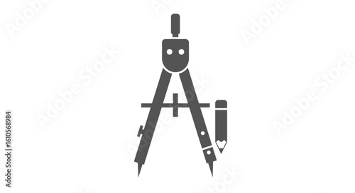 Minimalist dark grey icon of a drafting compass with a pencil for technical drawing.