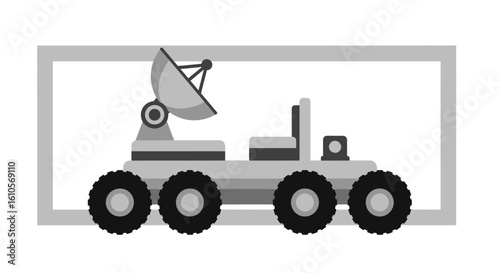 Minimalist grayscale illustration of a space rover with a large satellite dish and four rugged wheels.