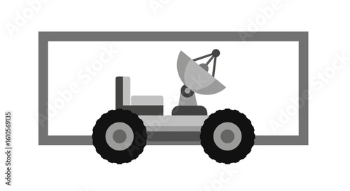 Minimalist grayscale illustration of a space rover with a satellite dish and rugged wheels.
