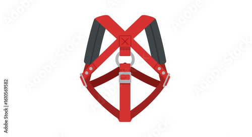 Red full-body safety harness with padded shoulder straps and metal D-ring.