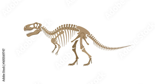 Stylized brown Tyrannosaurus Rex skeleton illustration with sharp teeth, small arms, and a long tail, shown in profile.