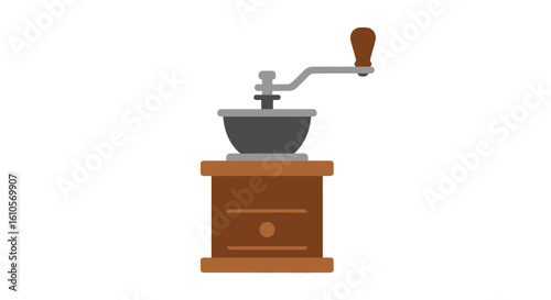 Vintage manual coffee grinder illustration with a wooden base, drawer, and metal hand crank.