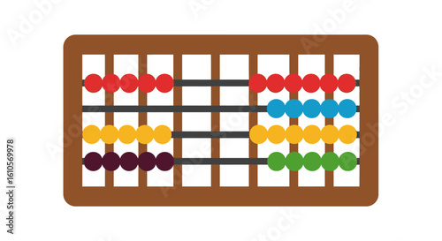 Wooden abacus with colorful beads on four rods. A classic counting frame tool shown in a simple, flat design illustration.