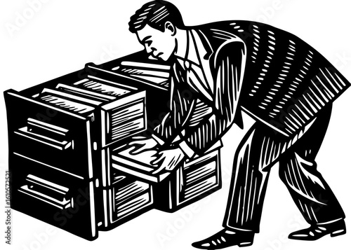 Woodcut Style Man Organizing Files in Filing Cabinet

