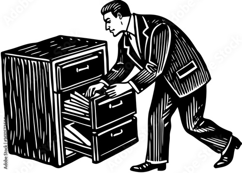 Woodcut Style Man Organizing Files in Filing Cabinet

