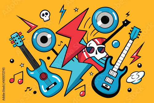 Rock Music Doodles Background with Guitars, Skull, Lightning, and Musical Elements