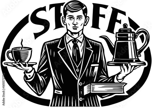 Woodcut Style Waiter with Coffee and "STAFF" Text